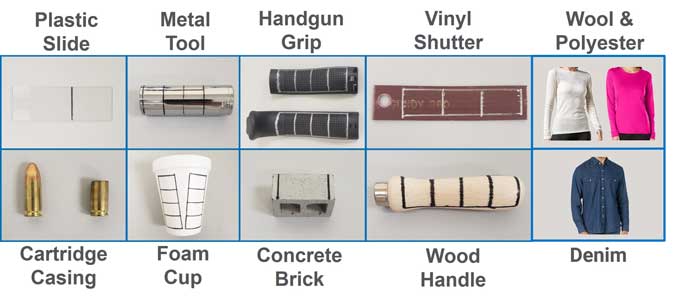 Samples used to collect trace DNA include plastic slide, metal tool, handgun grip, vinyl shutter, wool and polyester, cartridge casing, foam cut, concrete block, wood handle and denim.